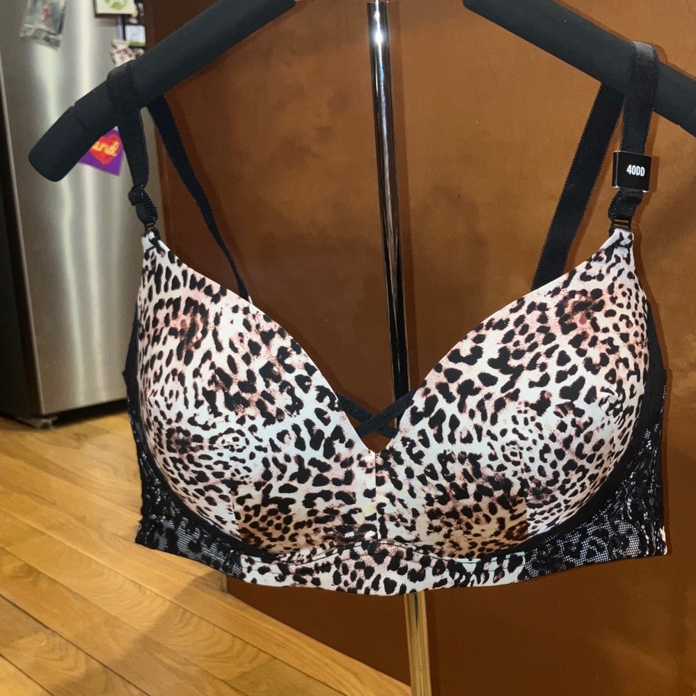 TORRID CURVE Black and Leopard Print Padded Cup Lace BRA size 40DD NWT